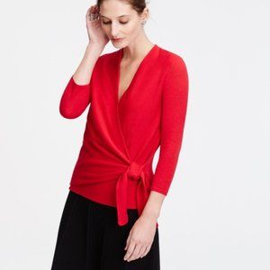 ANN TAYLOR Merino Wool Tie Front Wrap Sweater, red, 3/4 sleeves, petite small